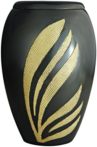Funeral Urn by Meilinxu - Cremation Urns for Human Ashes Adult and Memorial - Hand Made in Brass &amp; Hand Engraved - Display Burial Urn At Home or in Niche at Columbarium (Flame of Gold, Large Urn)