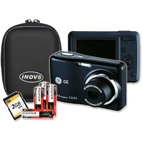 GE C1433 Black 14mp Digital Camera Bundle Including Inov8 Black Hard Case, Fuji 4pk AA Batteries & Inov8 2GB SD Memory Card