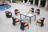 All Weather Collection Contemporary Dining Set with Six Pumpkin Cushion Top Dining Chairs and Beverage Cart