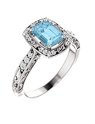 18K White Gold 7.00x5.00mm Emerald Cut Aquamarine and Diamond Ring -- LIFETIME WARRANTY