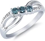 Three Stone Blue Diamond Ring, 14K White Gold