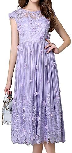 Women's Vintage Floral Lace Cap Sleeve High Waist Purple Dress