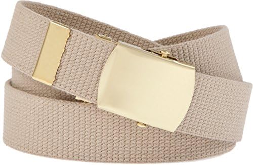 Military Web Belt, Cotton Canvas with Solid Brass Roller Buckle, Made in the USA (54, Khaki with Polished Solid Brass)