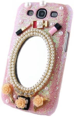 Luxury Hand Made Make up Mirror Crystal Pearl Flower Pink Back Hard Case Cover Shell for Samsung Galaxy S3 I9300
