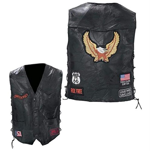 Black Diamond Plate Rock Design Genuine Buffalo Leather Biker Vest, Black, Large