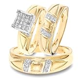 1/2 CT. T.W. Round, Princess Cut Diamond His & Hers Trio Matching Ring Set 14K Yellow Gold Three Ring - Ladies Engagement Ring, Wedding Band & Mens Wedding Band - Free Gift Box -