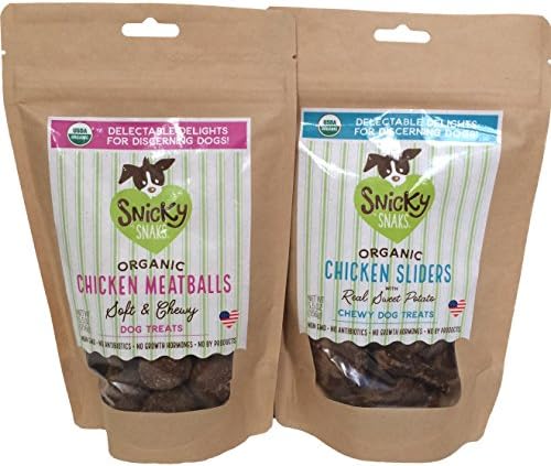 Snicky Snaks Organic Soft and Chewy Dog Treats Variety Bundle, Chicken Sliders with Sweet Potato and Chicken Meatballs