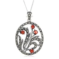 Sterling Silver Marcasite and Garnet Flower Pendant, 18