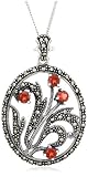 Sterling Silver Marcasite and Garnet Flower Pendant, 18