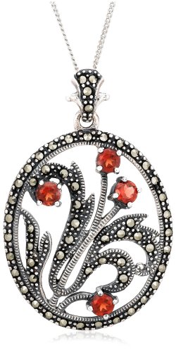 Sterling Silver Marcasite and Garnet Flower Pendant, 18"