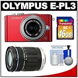 Olympus PEN E-PL3 Micro 4/3 Digital Camera & 14-42mm II Lens (Red/Silver) with M.Zuiko 40-150mm Lens + 16GB Card + Cleaning Kit (Refurbished by Olympus)