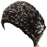 Adjustable Handmade Shimmer Flower Knit Headwrap Headband Black with White & Gray