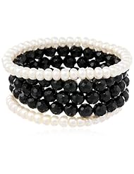 6-7mm Freshwater Cultured White Button Pearl and 8-8.5mm Faceted Black Agate Bracelet Set