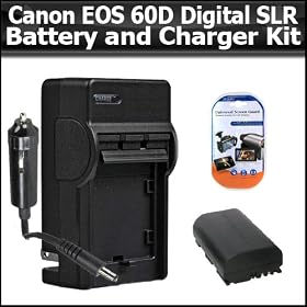Battery Kit For The Canon EOS 60D Digital SLR Camera Includes Extended Replacement LP-E6 (2200 mAH) Battery (with Info-Chip!) + Ac/Dc Rapid Travel Battery Charger + LCD Screen Protectors. Battery Shows time on LCD!