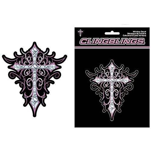 Pink and Silver Cross and Clear Gem Crystals Car Truck SUV Home Office Window Decal Sticker - Cling Bling