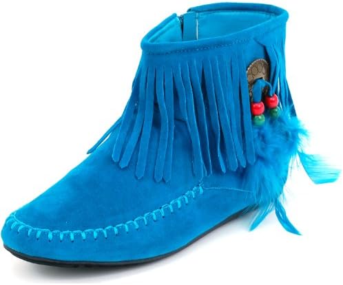 Forever Womens Fringe Moccasin Boots Blue Faux Suede Flat Heel Feather Pull on 5.5 M US