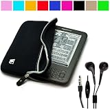 Durable Protective Neoprene Glove Sleeve Cover Carrying Case for Amazon Kindle 3 Wifi 3G 6 inch LCD Display Screen + Hi-Fi Noise Reducing Handsfree Jbuds Headphones with Mic