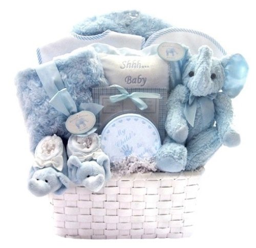 Winter Luxuries New Baby Boy Gift Basket with Blue Elephant Coat & Matching Blanket - Great Shower or Easter Gift Idea for Newborns