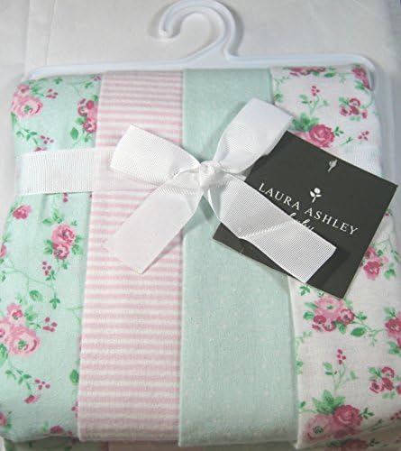 Set of 4 Laura Ashley Baby Girls Swaddling and Receiving Blankets 100% Cotton Flannel