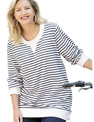 Ulla Popken Plus Size French Terry Striped Sweatshirt - White/Navy, 28/30