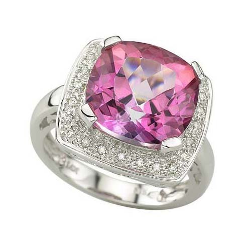 14K White Gold 1/8 ct. Diamond and 7.95 ct. Cushion Cut Pink Topaz Fashion Ring