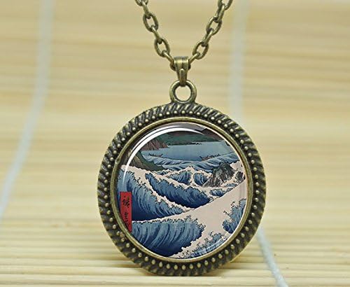 Fashion Jewelry Japanese Art Print Neckalce Ocean Waves Art Pendant Glass Dome Cabochon Necklace A0371