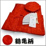お急ぎ便対応！還暦お祝い綸子柄（鶴亀柄）の赤色ちゃんちゃんこ（3点セット）
