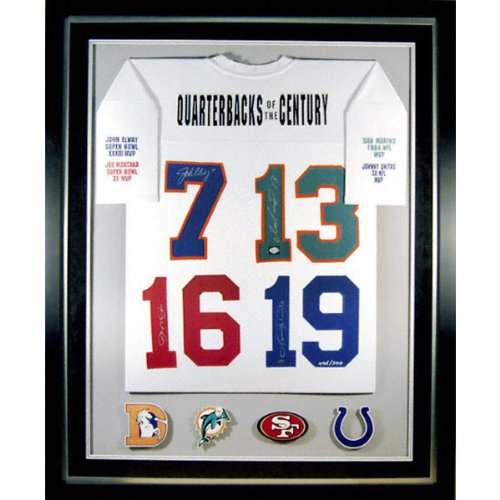 Quarterbacks of the Century Deluxe Framed Autographed Jersey Signed by John Elway, Dan Marino, Joe Montana and Johnny Unitas