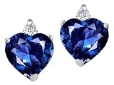 2.14 cts Heart Shape Created Sapphire and Genuine Diamonds Earring Studs - 14kt White or Yellow Gold
