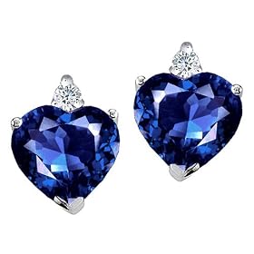 2.14 cttw Heart Shape Created Sapphire and Genuine Diamonds Earring Studs in 14k White Gold