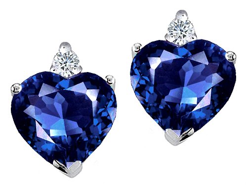 Childrens Toyshop  Jewelry : 2.14 cts Heart Shape Created Sapphire and Genuine Diamonds Earring Studs - 14kt White or Yellow Gold