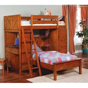 Twin Size Bunk Bed with Workstation in Oak Finish