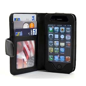 New Deluxe Folio Wallet Genuine Leather Case for iPhone 4 Multifunctional - Pockets to Keep Your Cards Driving License Bills & Belongings Safe - Color Black