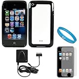 Black with White Premium Rubberized Hard Crystal TPU Silicone Skin Cover Case for Apple iPod Touch 4th Generation (8GB, 16GB, 32GB, 64GB) + Clear Screen Protector for iPod Touch 4th Generation LCD Display Screen + Apple Licensed Cellet Home Charger With Folding Blade For Apple iPhones, iPod Touch, Nano + SumacLife TM Wisdom Courage Wristband