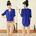 Coromose Women V-neck Chiffon Long Sleeve Shirt Blouse (M, Blue)