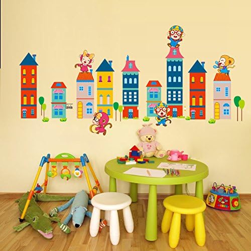 SWORNA Baby Nursery Series Monkey Castle Vinyl Removable Wall Art Decor Sticker Decal Mural Decoration for Kids Boy Girl Living Room Bedroom Playroom Kindergarten Hallway Classroom 30"H X 59"W