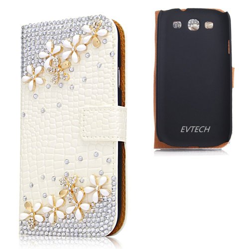 EVTECH(TM) Bling Crysta Flower Rhinestone Design Leather Wallet Type Magnet Design Flip Case Cover for Samsung Galaxy S3 I9300 T-Mobile T999 L710 Sprint/T999 T-Mobile/i747 AT&T/i535 Verizon