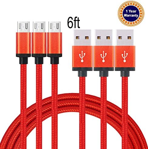 Jricoo 3pack 6ft Micro USB to USB Cable 2.0 6ft Nylon Braided Extremely Long USB Charging Cable for Android, Samsung Galaxy, HTC, Nokia, Huawei, Sony and Other Tablet Smartphone (Red)
