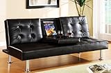 Orinda Black Leatherette Futon Sofa w/ Fold Down Beverage Table