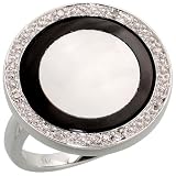 14k White Gold Fancy Round Ring, w/ 0.10 Carat Brilliant Cut Diamonds, Mother of Pearl & Black Onyx Stone, 3/4 in. (20mm) wide, size 7