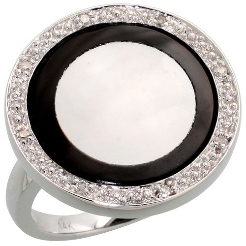 51wn9u9BEJL 14k White Gold Fancy Round Ring, w/ 0.10 Carat Brilliant Cut Diamonds, Mother of Pearl & Black Onyx Stone, 3/4 in. (20mm) wide