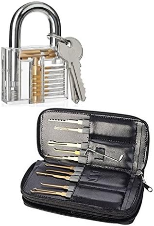 Practice Lock Set, NALAKUVARA Crystal Transparent Professional Visible Cutaway Inside View Padlocks with 2 keys, 24 pcs Various Picks Crochet Hook, Wrenches, Leather Pouch for Locksmith Training