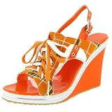 CARRINI Womens Plaid Patent Wedges Heels Shoes Open Toe Lace Up Sandals Orange