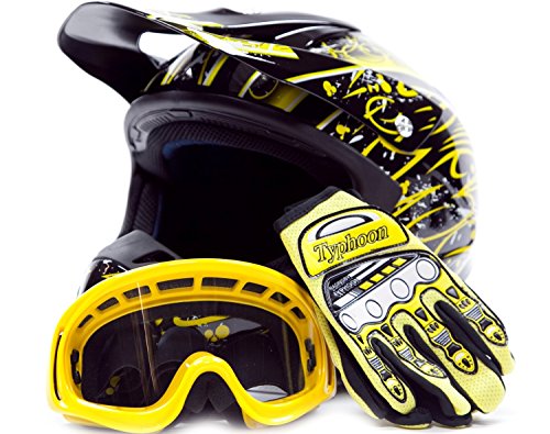 Adult Offroad Helmet Goggles Gloves Gear Combo DOT Motocross ATV Dirt Bike MX Black Yellow Splatter ( XL )