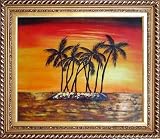 Beachside Palm Trees Under Golden Sunset Oil Painting, with Exquisite Dark Gold Wood Frame 26.5 x 30.5 inches