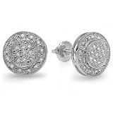 0.33 Carat (ctw) Sterling Silver Real Diamond Rhodium Plated Round Shaped Mens Hip Hop Iced Stud Earrings 1/3 CT