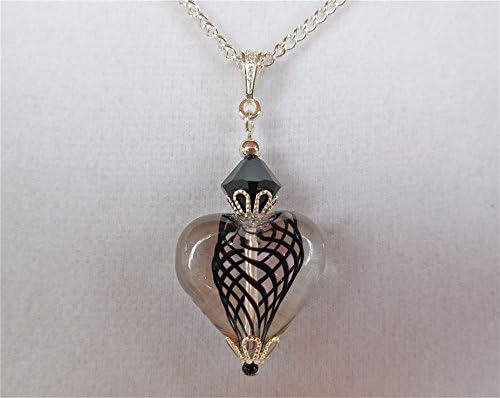 Black Clear Lampwork Glass Heart Swarovksi Crystal Silver Chain Pendant Necklace