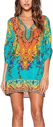 StellarChic Women Bohemian Neck Tie Vintage Printed Beach Summer Shift Dress (size 8-10, Caribbean Breeze)