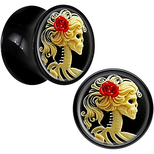 Body Candy Black Acrylic Red Rose Skeleton Saddle Plug Pair (5mm to 20mm)