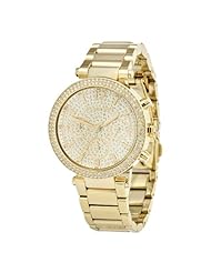 Michael Kors MK5856 Parker Gold Analog Chrono Glitz Dial Steel Women Watch NEW
